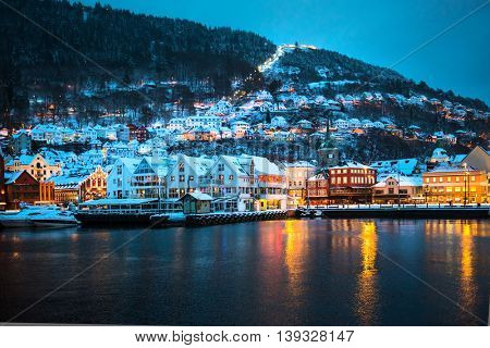 night view on Bruges. Bergen. Norway
