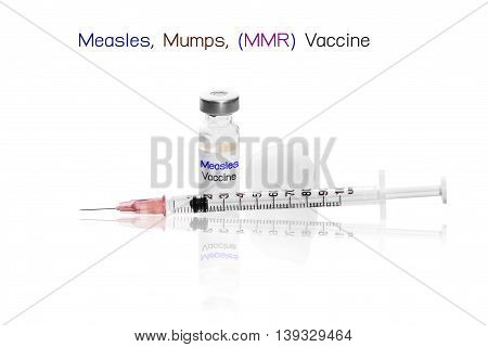 Measles, Mumps, MMR Vaccine with needle Medical ampoules vial and syringe for health concept background