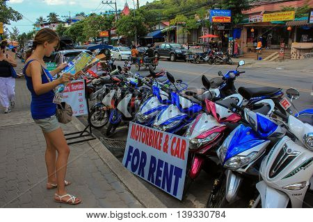 Krabi, Thailand, Asia - Dec 28, 2013: the rental of motorbikes in Aonang beach