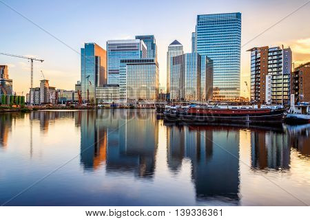 Canary Wharf In London At Sunset