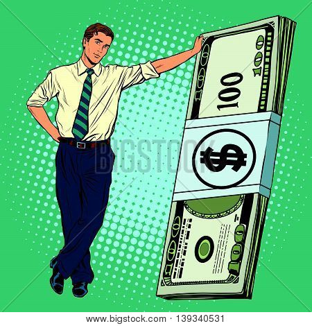 Business man with money pop art retro vector. Financial success