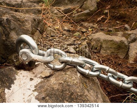 Detail Of Steel Bolt Anchor Eye In Sandstone Rock Hold Steel Chain.