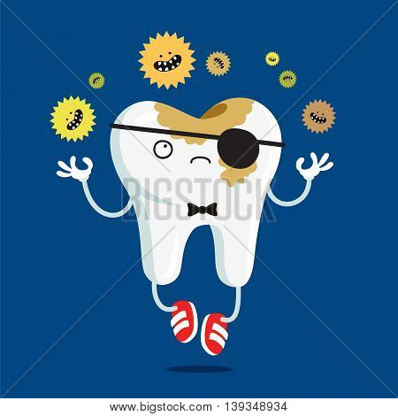 Sad tooth affected by caries. Vector illustration on a blue background. Concept of children's dentistry. Excellent dental card. Cute character. Caries prevention.