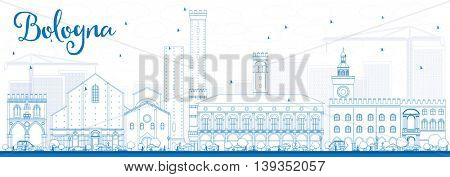 Outline Bologna Skyline with Blue Landmarks. Vector Illustration. Business Travel and Tourism Concept with Historic Buildings. Image for Presentation Banner Placard and Web Site.