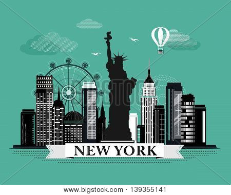 Cool graphic New York city skyline poster with retro looking detailed design elements. NY landscape with landmarks.