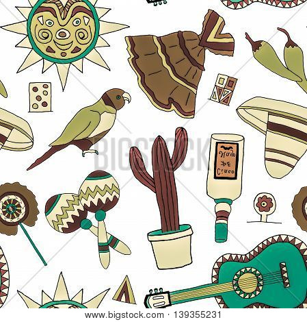 Seamless pattern with hand drawn mexican elements. Perfect background for your design. Travel to Mexico texture.