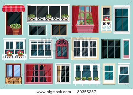 Set of detailed various colorful windows with windowsills, curtains, flowers, balconies. Flat style vector illustration