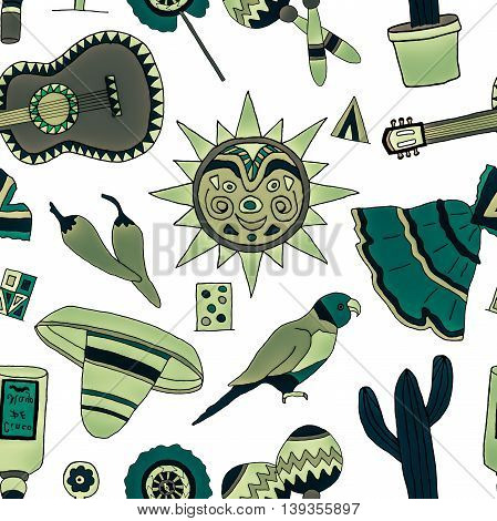 Seamless pattern with hand drawn mexican elements. Perfect background for your design. Travel to Mexico texture.
