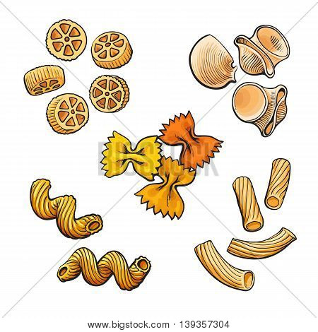 Big collection of italian pasta sketch style vector illustration isolated on white background. Set of shells bow spiral penne fusilli tagliatelle pasta. Different types of italian noodles