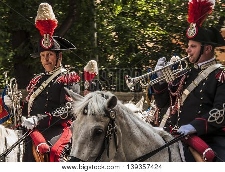 ROME - JUNE 01: the traditional Carabinieri Band Corazzieri have a parade on June 01 2014 in Rome Italy