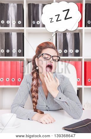 Bored Business Woman Yawning. Overwork Concept