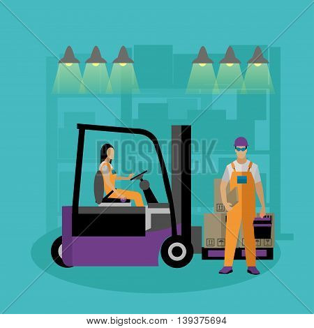 Logistic and delivery service concept banner. Warehouse workers. Vector illustration in flat style design. Delivery man working in warehouse and shipping products.