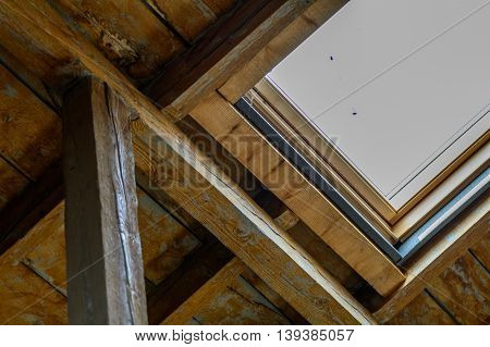 Dormer Window From Inside. Close Up With Old Wooden Dormer And Window..