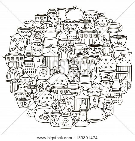 Circle shape pattern with dishes for coloring book. Black and white background with pans, cups, teapots and other kitchen things. Vector illustration