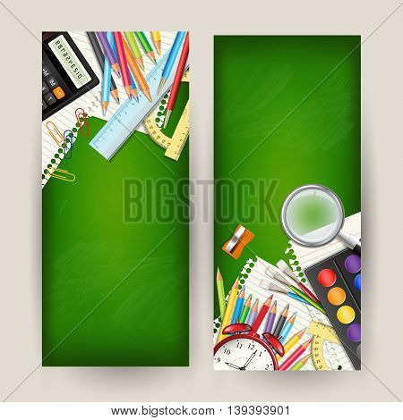Set of two Back to school vertical banners. Templates with supplies tools on green classroom chalkboard. Place for your text. Layered realistic vector illustration.