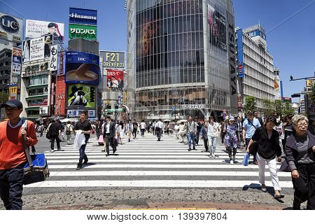 TOKYO, JAPAN - May 18, 2016: Shibuya, It's the shopping district which surrounds Shibuya railway station. This area is known as one of the fashion centers and major nightlife of Japan on May 18, 2016.