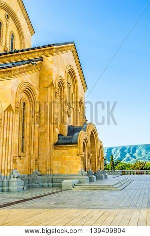 The entrance to the Holy Trinity (Sameba) Cathedral in Tbilisi Georgia.