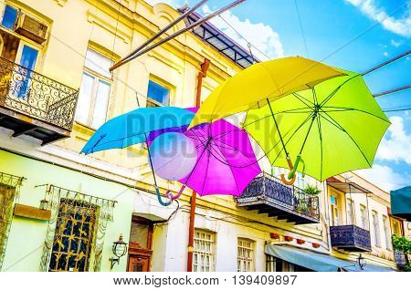 The colorful umbrellas decorated the tourist street in Tbilisi Georgia.