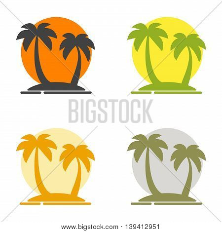 Summer set of logos depicting the silhouette of palm trees on the island and the sun. Paradise place to vacation. Colored vector illustration for a travel agency. Isolated flat images