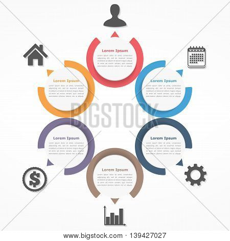 Circle diagram with six elements steps or options, flowchart or workflow diagram template, vector eps10 illustration