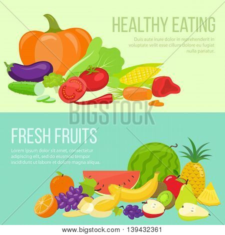 Set of fresh fruit and vegetable banners. Template for packaging cards posters and eco food menu healthy lifestyle. Vector stock illustration.