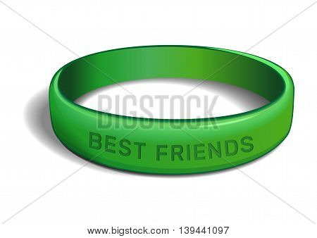 Green plastic wristband with the inscription - BEST FRIENDS. Friendship band isolated on white background. Realistic vector illustration for International Friendship Day