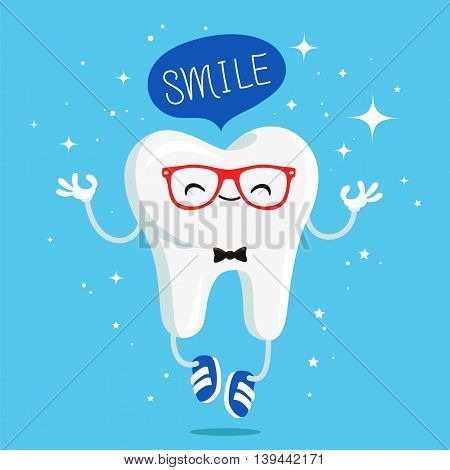 Happy healthy tooth in red glasses and blue sneakers. Vector illustration on a blue background. Concept of children's dentistry. Excellent dental card. Cute character. Caries prevention.