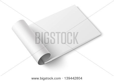 Blank open magazine template with rolled pages on white background . Wide format. Ready for your design. Vector illustration.