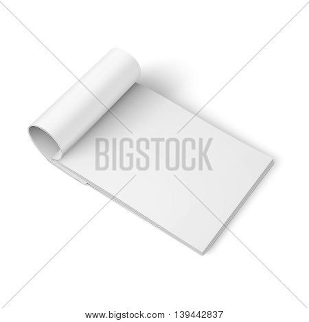 Blank open magazine template with rolled pages on white background . Wide format. Ready for your design. Vector illustration.