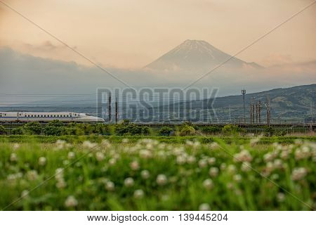 View of Mt Fuji and Tokaido Shinkansen Shizuoka Japan