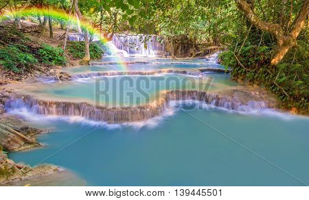 Waterfall In Rain Forest (tat Kuang Si Waterfalls At Luang Prabang, Laos)