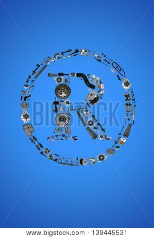 Trade Mark icone with auto parts for car. Spare parts for car for shop, aftermarket OEM. Many auto parts isolated in Trade Mark icone. Car parts