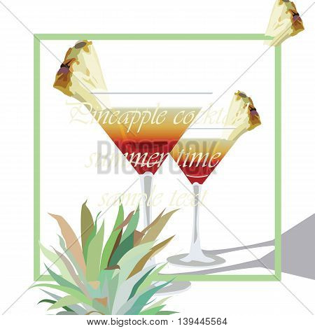 Two Cocktail Glasses Vector. Alcohol Cosmopolitan Cocktail decorated with Pineapple in martini Cocktail Glass. Vector Watercolor Tropical Cocktails Liqueur