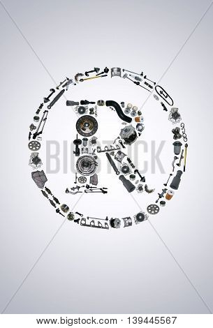 Trade Mark icone with auto parts for car. Spare parts for car for shop, aftermarket OEM. Many auto parts isolated in Trade Mark icone. Car parts
