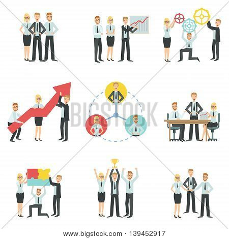 Business Team Working Together Achievement Process Infographic Simple Childish Flat Colorful Illustration On White Background
