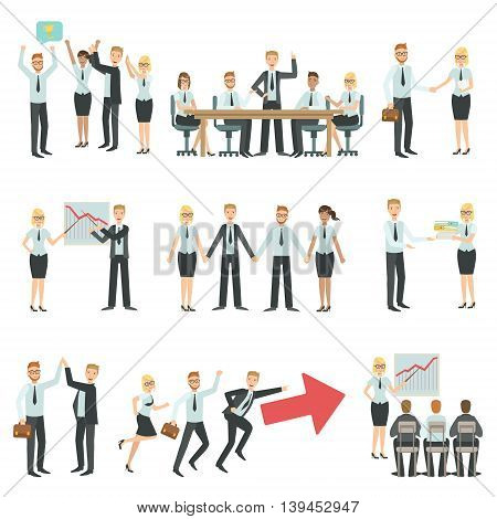 Teamwork In Business Work Process And Building Infographic.Simple Childish Flat Colorful Illustration On White Background