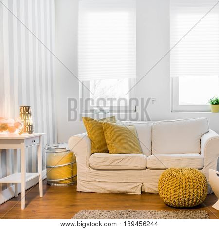 Cozy relaxation space with comfortable couch in modern spacious lounge
