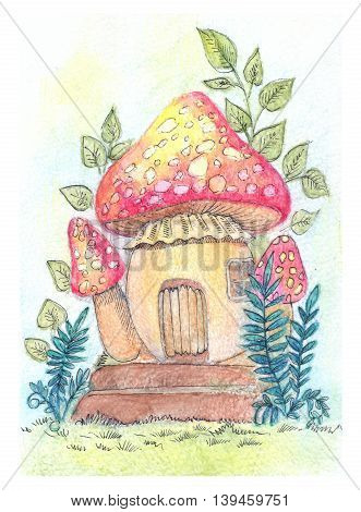 Fantastic illustration with house-mushroom illustration in сolour pencils for children book game and other goods.