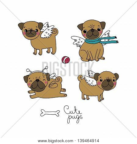 Cute little Pugs. Dogs. Hand drawing isolated objects on white background. Vector illustration.
