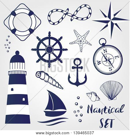 Nautical elements: lighthouse, seashell, coral, starfihh, rope, anchor,  wheel, life buoy, the wind rose, compass, ship. Can be used for logo, textile, banner, poster, scrapbooking and other design