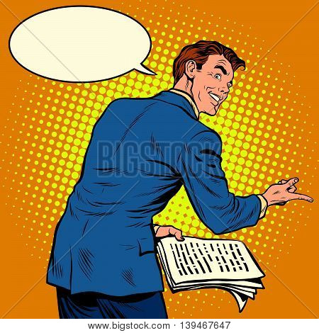 the speaker with text to speech pop art retro vector illustration. Public speaking. business training or political oratory