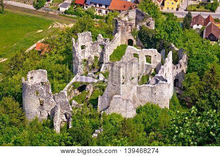 Samobor fortress ruins and landscape aerial view northern Croatia
