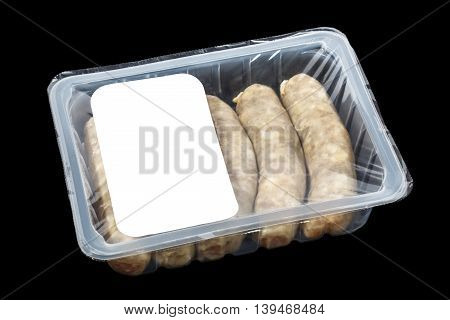 kupaty (bratwursts) in modified atmosphere packaging (MAP) on the black background