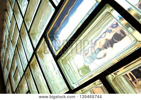 A glass brick wall background. Architecture interior.