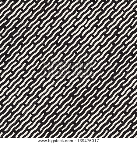Vector Seamless Black And White Hand Drawn Daigonal Wavy Lines Pattern. Abstract Geometric Background Design