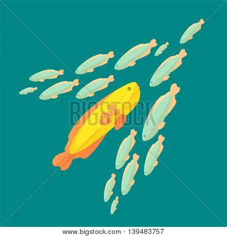 The fish is swimming against the common current, colorful vector flat illustration