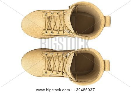 Military boots with brown bootlace, top view. 3D graphic