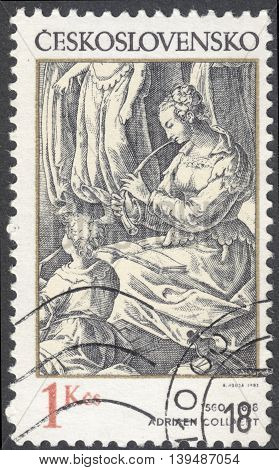 MOSCOW RUSSIA - CIRCA FEBRUARY 2016: a post stamp printed in CZECHOSLOVAKIA shows painting "The Crossing of the Red Sea" by Adriaen Collaert the series "Engravings with a Music Theme" circa 1982