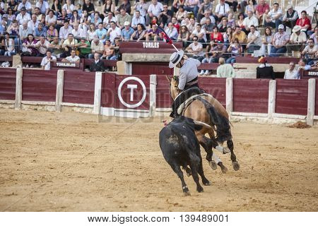 Ubeda SPAIN- October 2 2010: Spanish bullfighter on horseback Leonardo Hernandez bullfighting in Ubeda Andalusia Spain