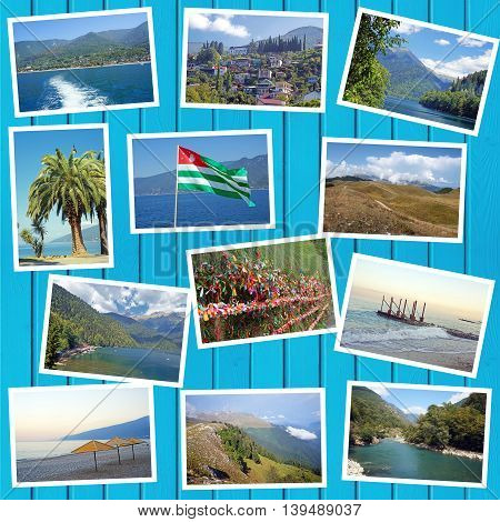 Collage of wooden flooring lying on top of the images in Abkhazia in the summer. The black sea town of Gagra.